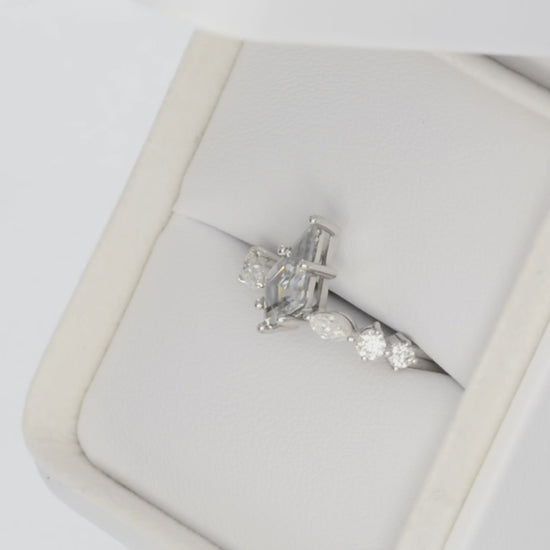 grey moissanite kite cut engagement ring in white gold