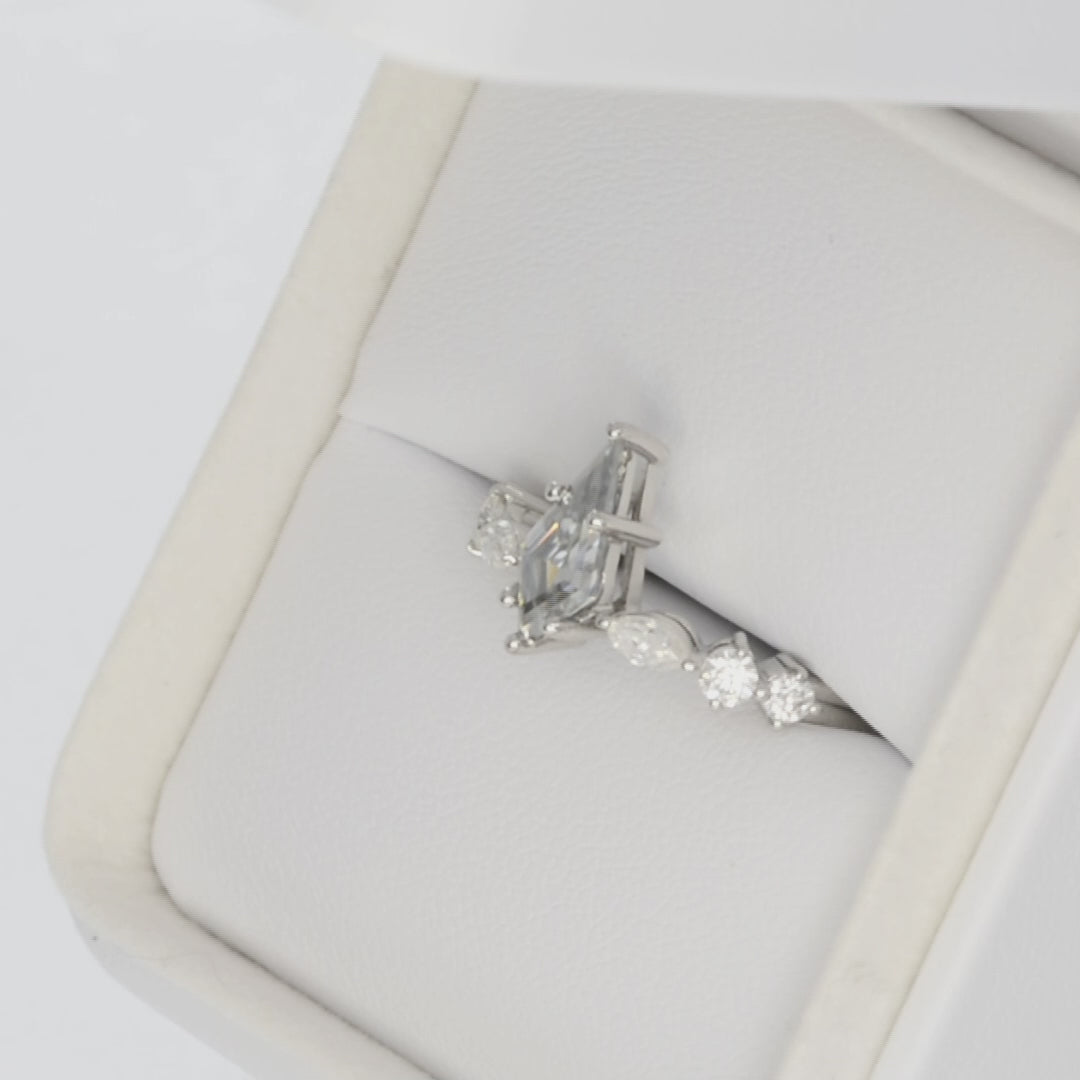 grey moissanite kite cut engagement ring in white gold