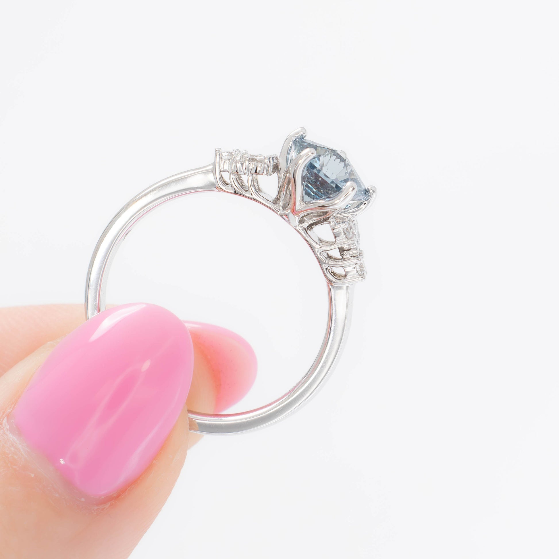 rachelle engagement ring in white gold with flower blue lab sapphire