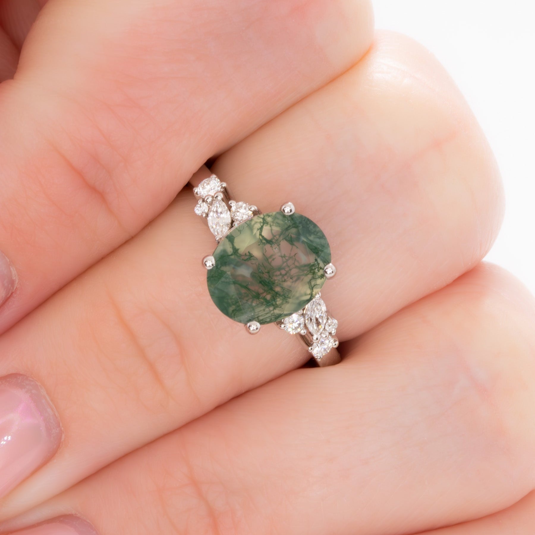 rachelle engagement ring with oval green moss agate