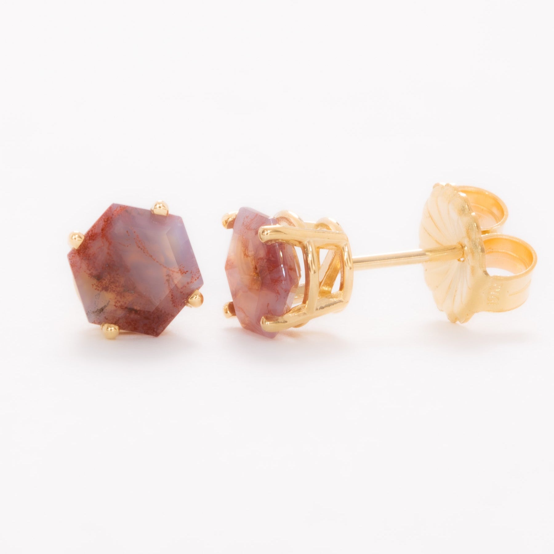 red moss agate earrings in yellow gold