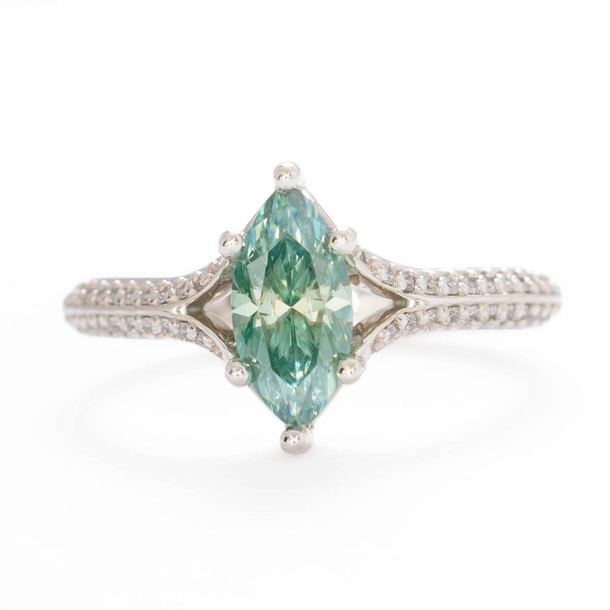 rosemary ring in silver with marquise green moissanite
