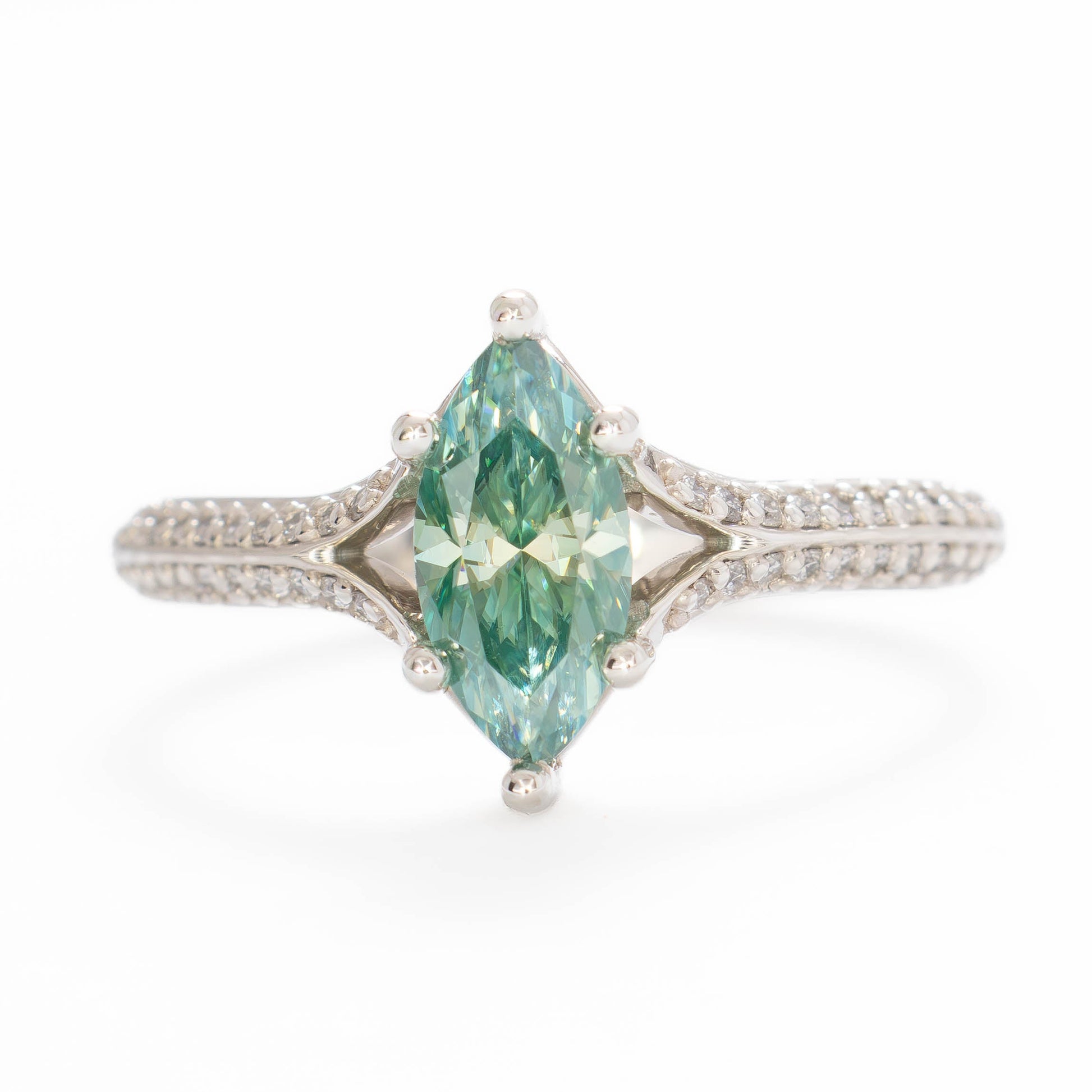 rosemary ring in silver with marquise green moissanite