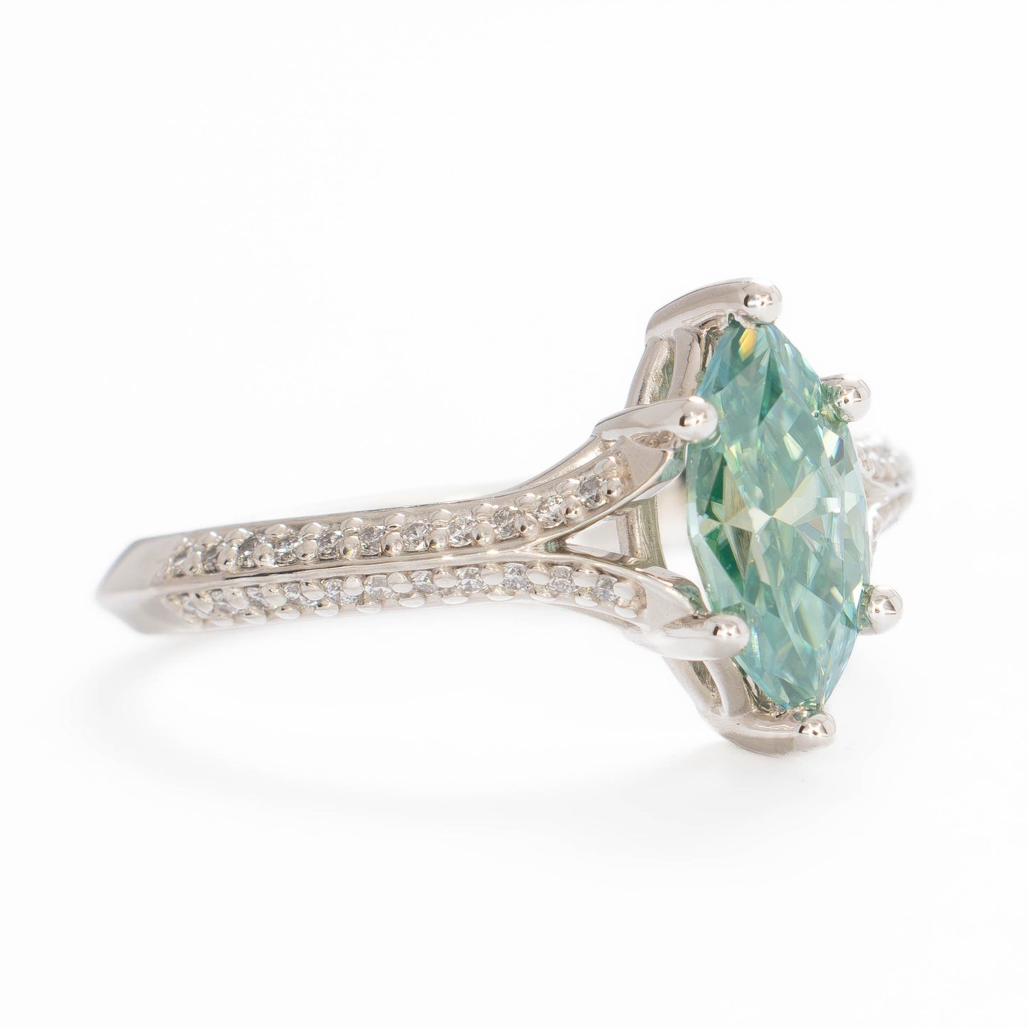 rosemary ring in silver with marquise green moissanite