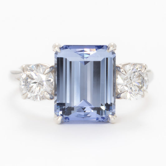 rylee three stone engagement ring with light blue lab sapphire step cut