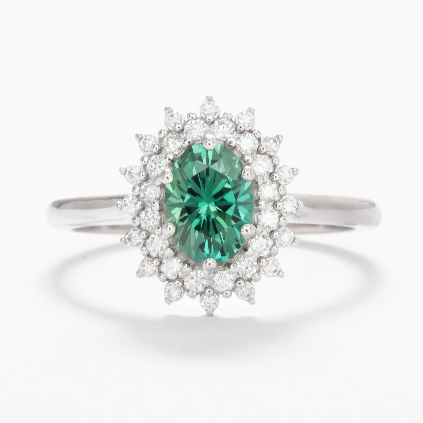 sabela double halo engagement ring with oval green lab sapphire