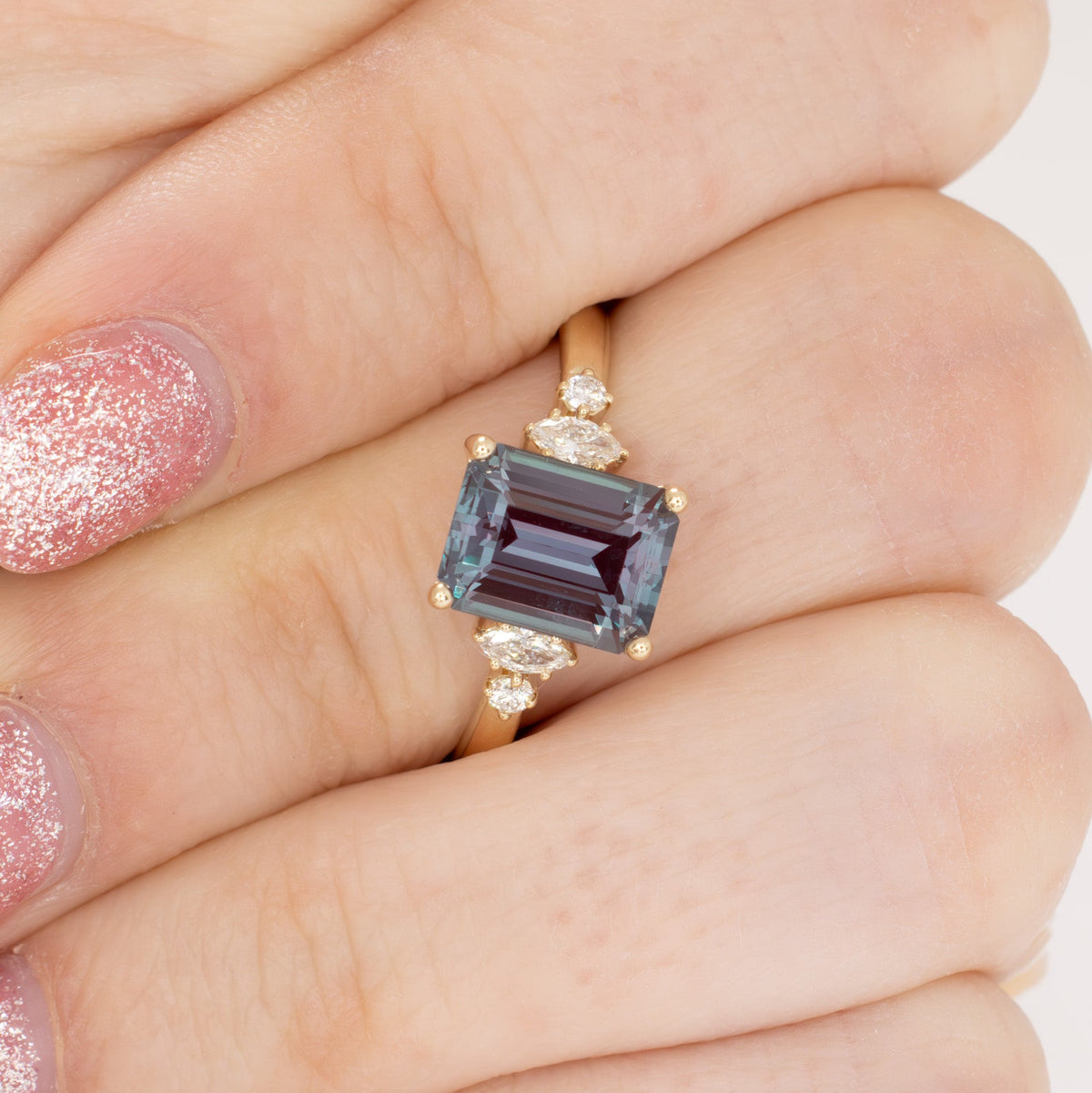 sabrina accented ring in yellow gold with step cut lab alexandrite