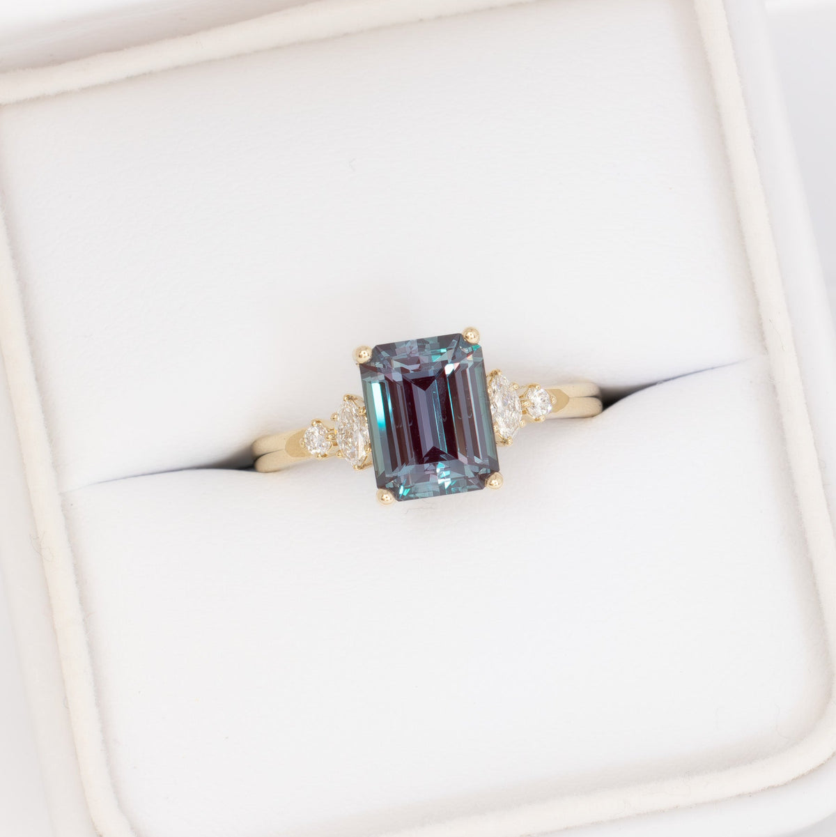 sabrina accented ring in yellow gold with step cut lab alexandrite