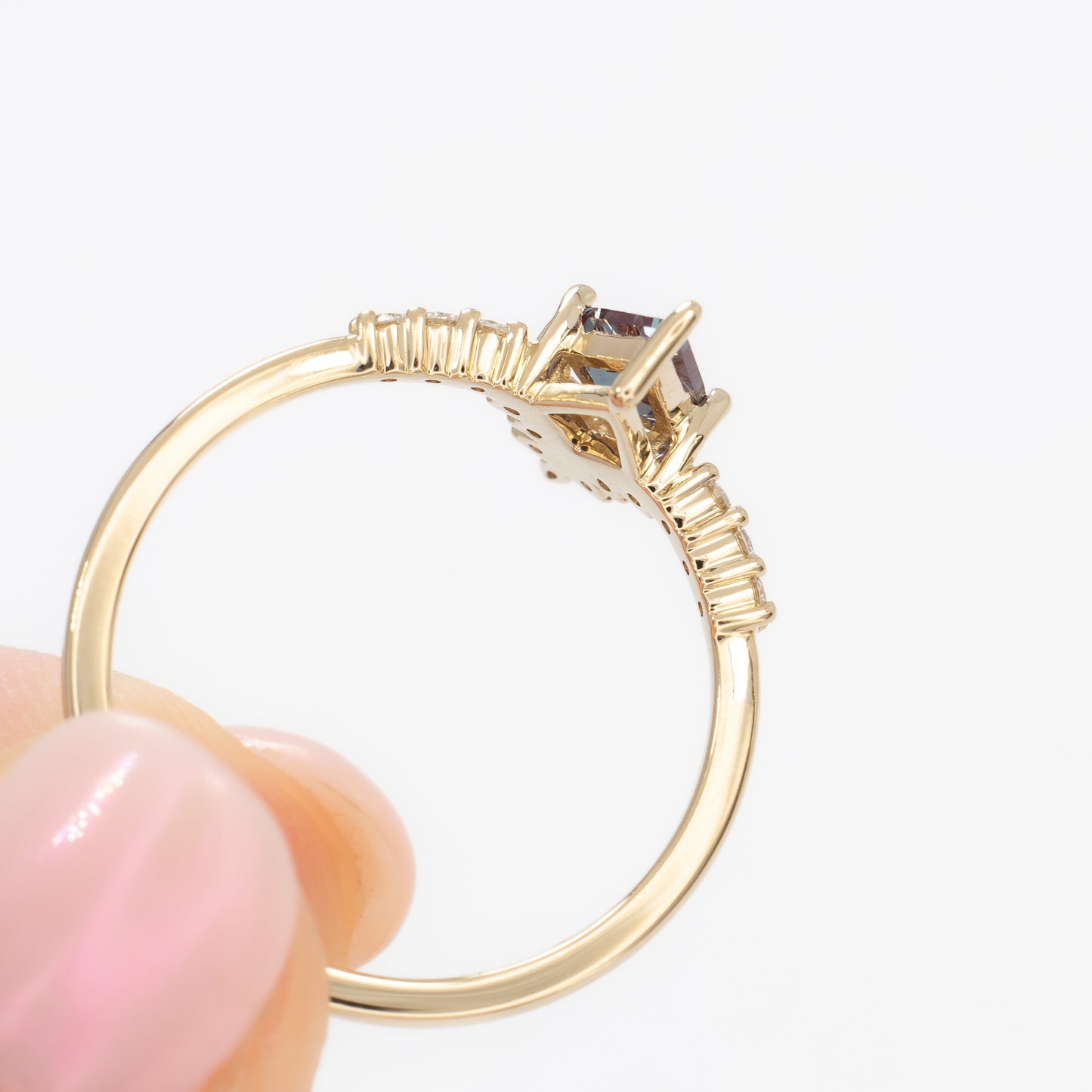 sadie half halo engagement ring in yellow gold with kite cut lab alexandrite