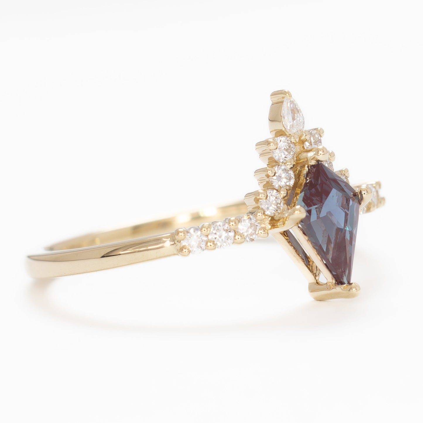 sadie half halo engagement ring in yellow gold with kite cut lab alexandrite