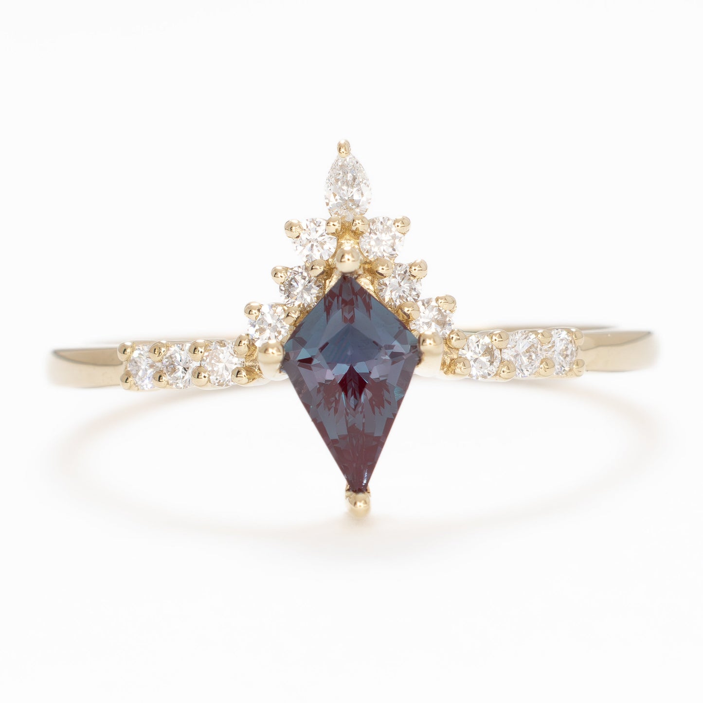 sadie half halo engagement ring in yellow gold with kite cut lab alexandrite
