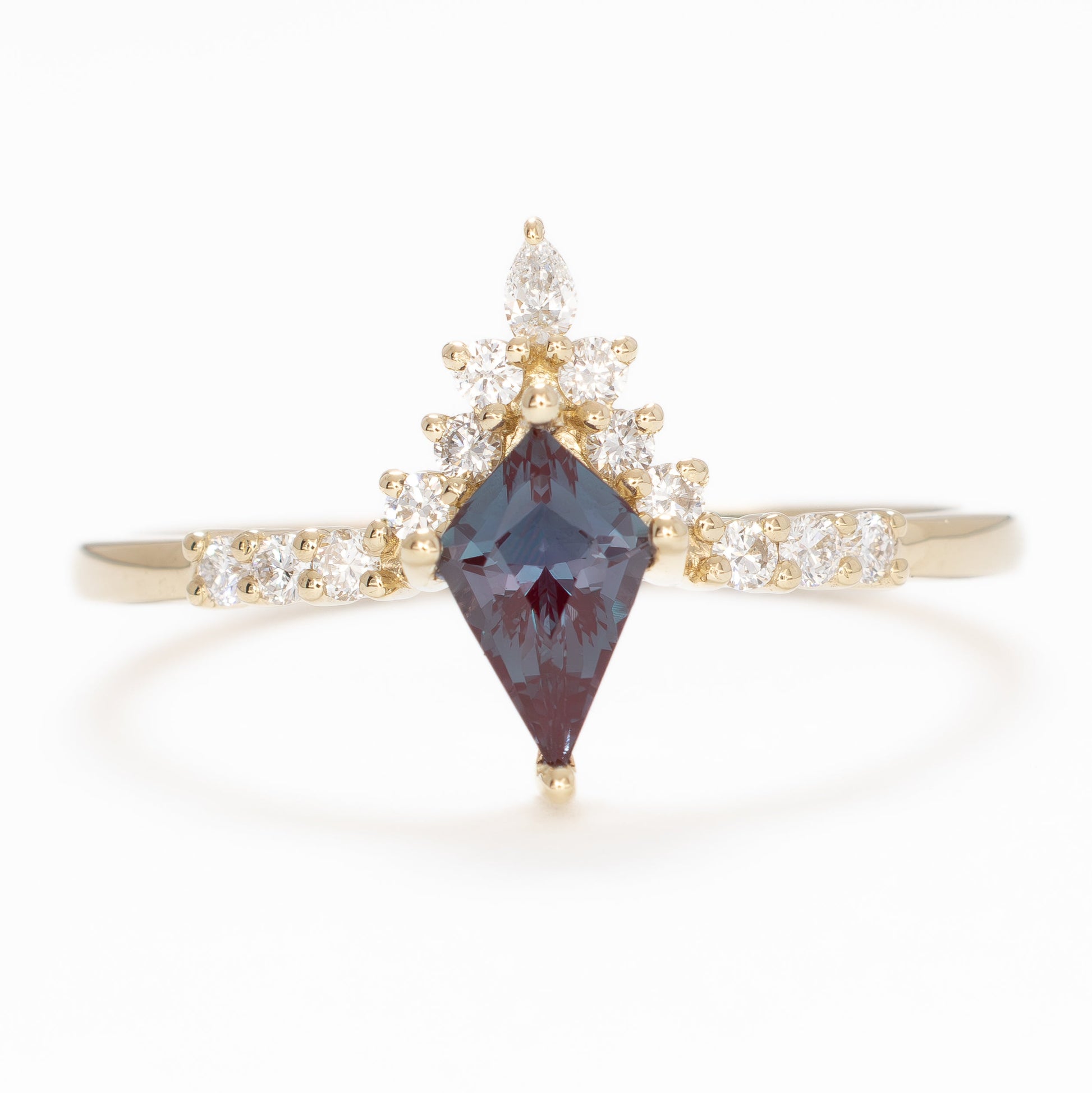 sadie half halo engagement ring in yellow gold with kite cut lab alexandrite