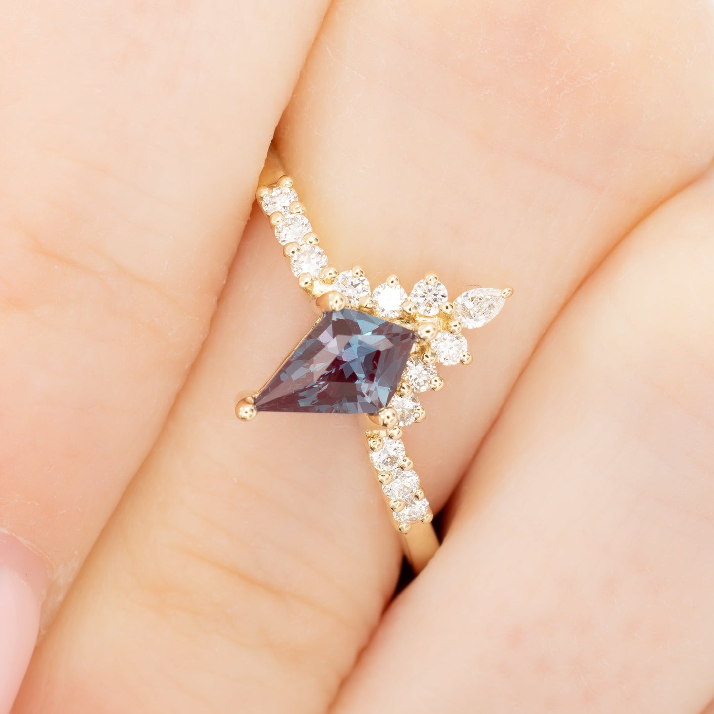 sadie half halo engagement ring in yellow gold with kite cut lab alexandrite