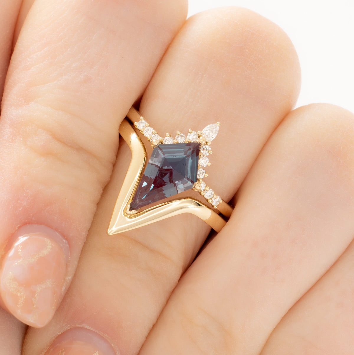 sadie half halo wedding set in yellow gold with kite cut lab alexandrite