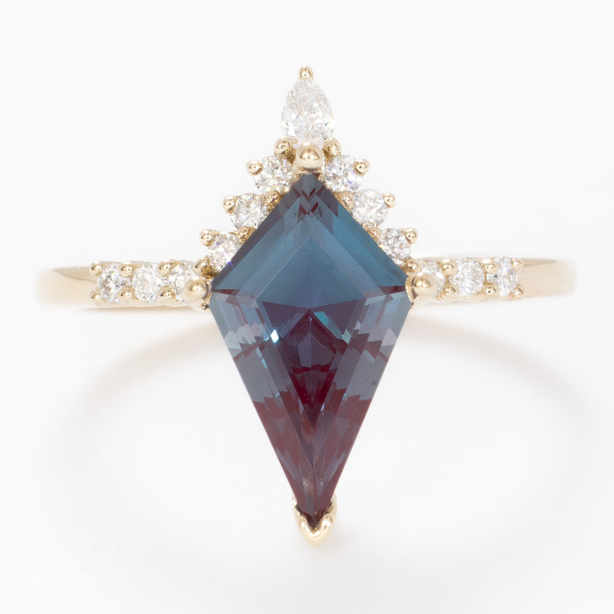 sadie half halo wedding set in yellow gold with kite cut lab alexandrite