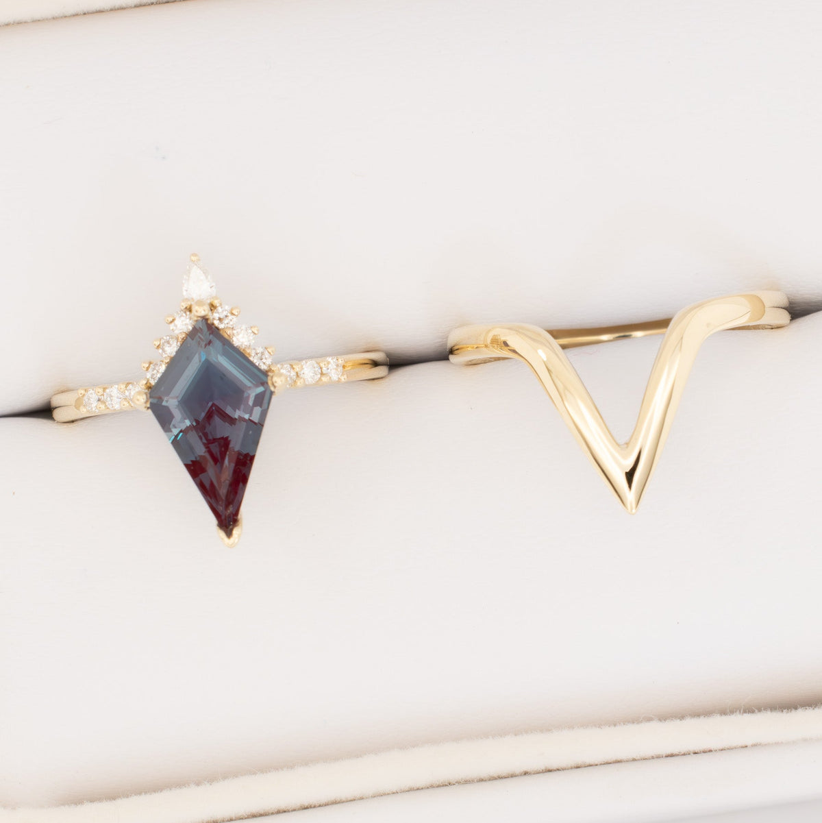 sadie half halo wedding set in yellow gold with kite cut lab alexandrite