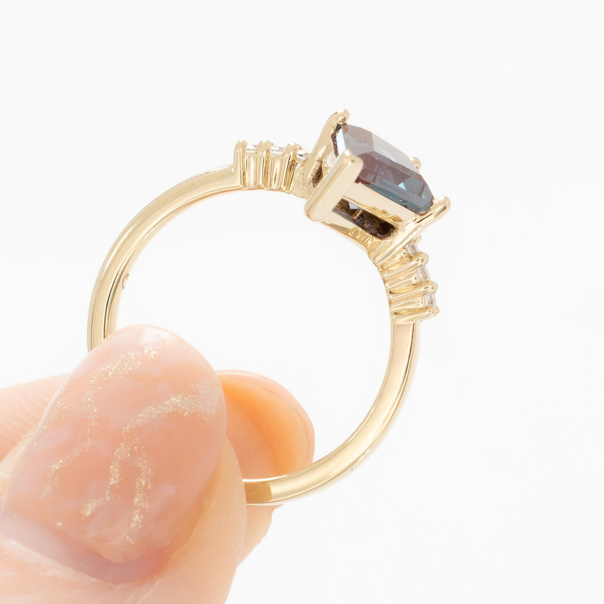 sadie half halo wedding set in yellow gold with kite cut lab alexandrite