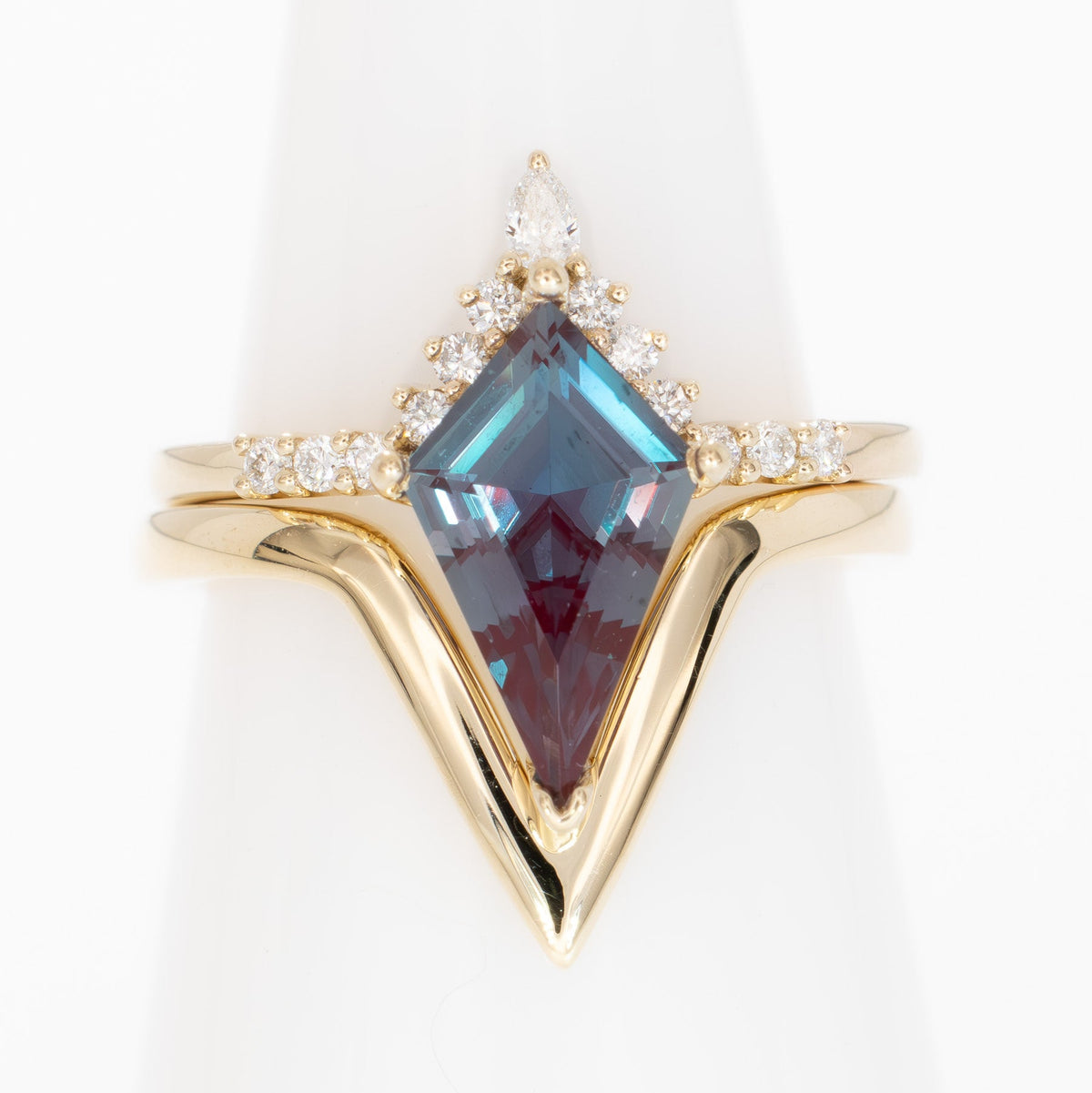 sadie half halo wedding set in yellow gold with kite cut lab alexandrite