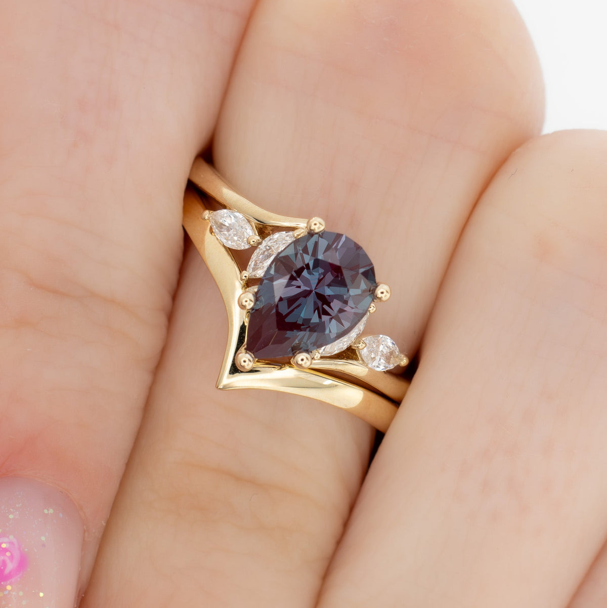 saige accented bypass ring in yellow gold with pear lab alexandrite