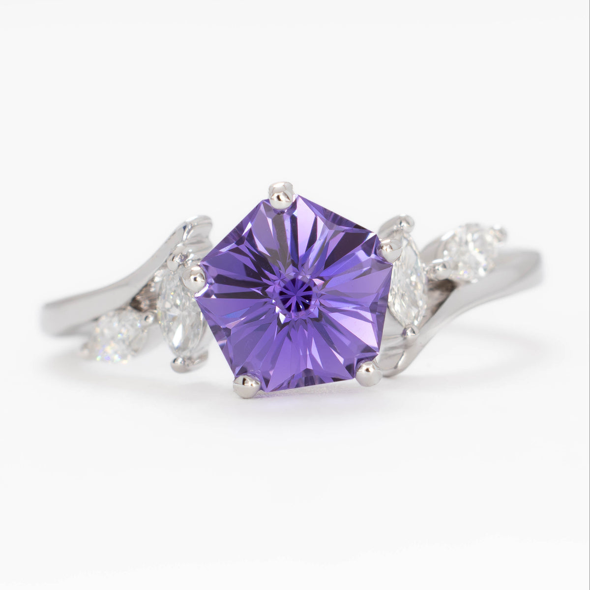 saige bypass accented ring in white gold with hanami flower purple lab sapphire