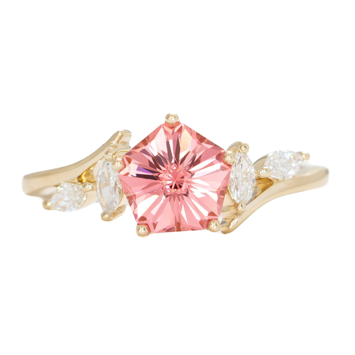 saige bypass ring in yellow gold with pink peony hanami flower lab sapphire