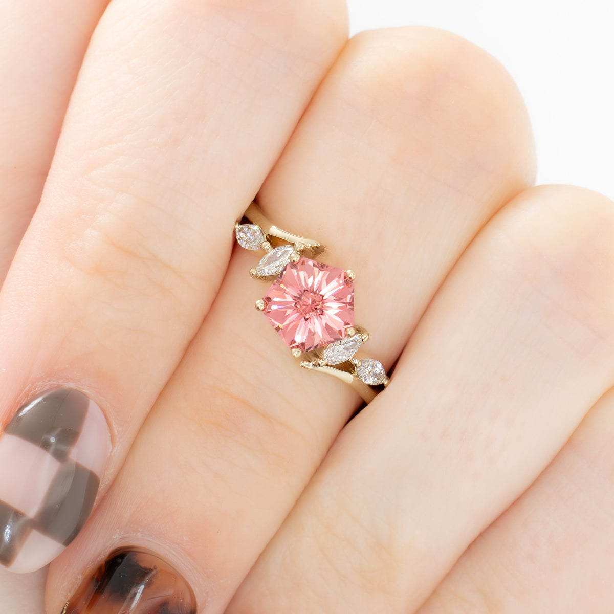 saige bypass ring in yellow gold with pink peony hanami flower lab sapphire