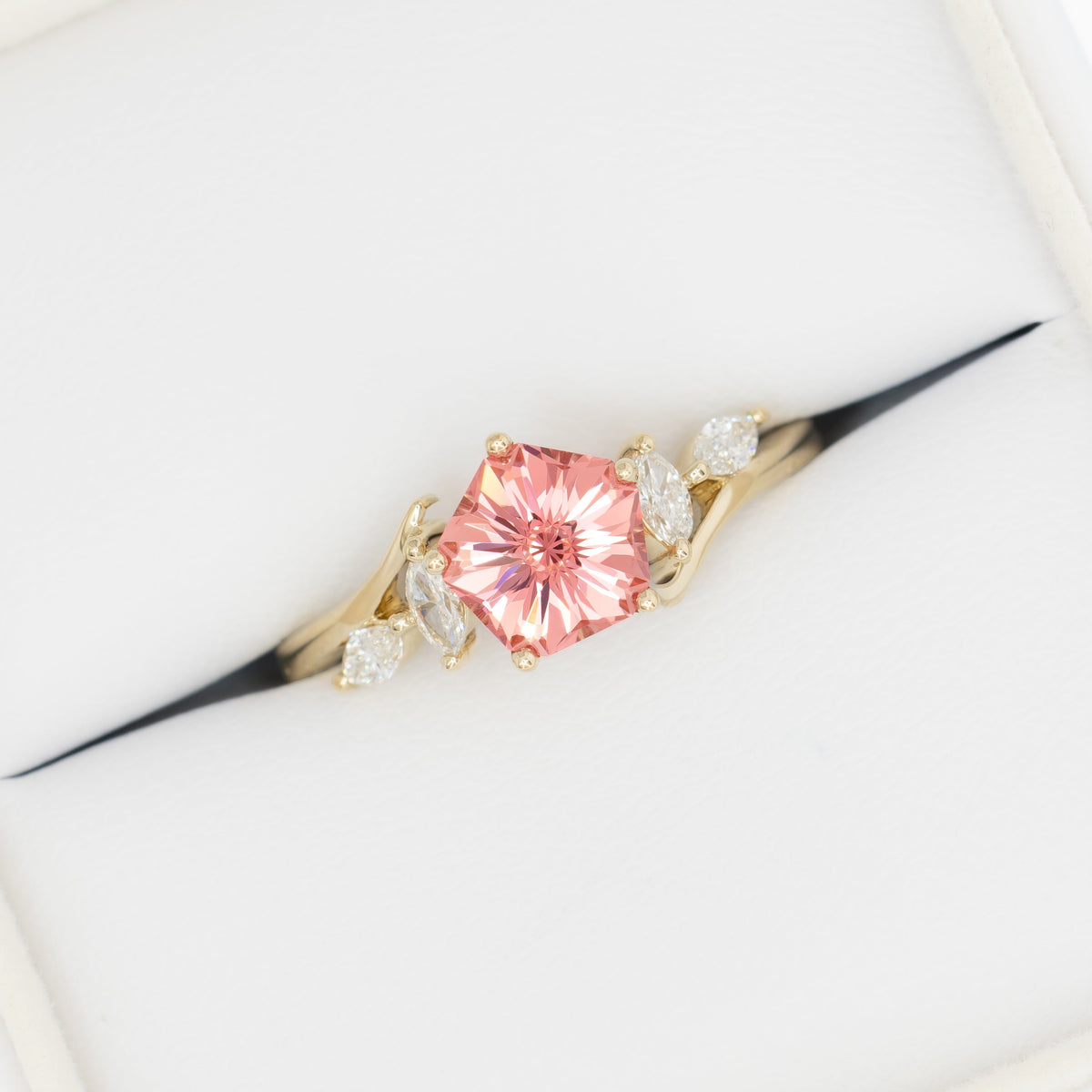 saige bypass ring in yellow gold with pink peony hanami flower lab sapphire