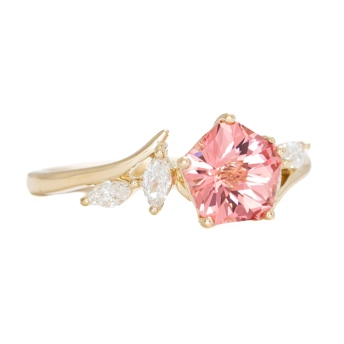 saige bypass ring in yellow gold with pink peony hanami flower lab sapphire