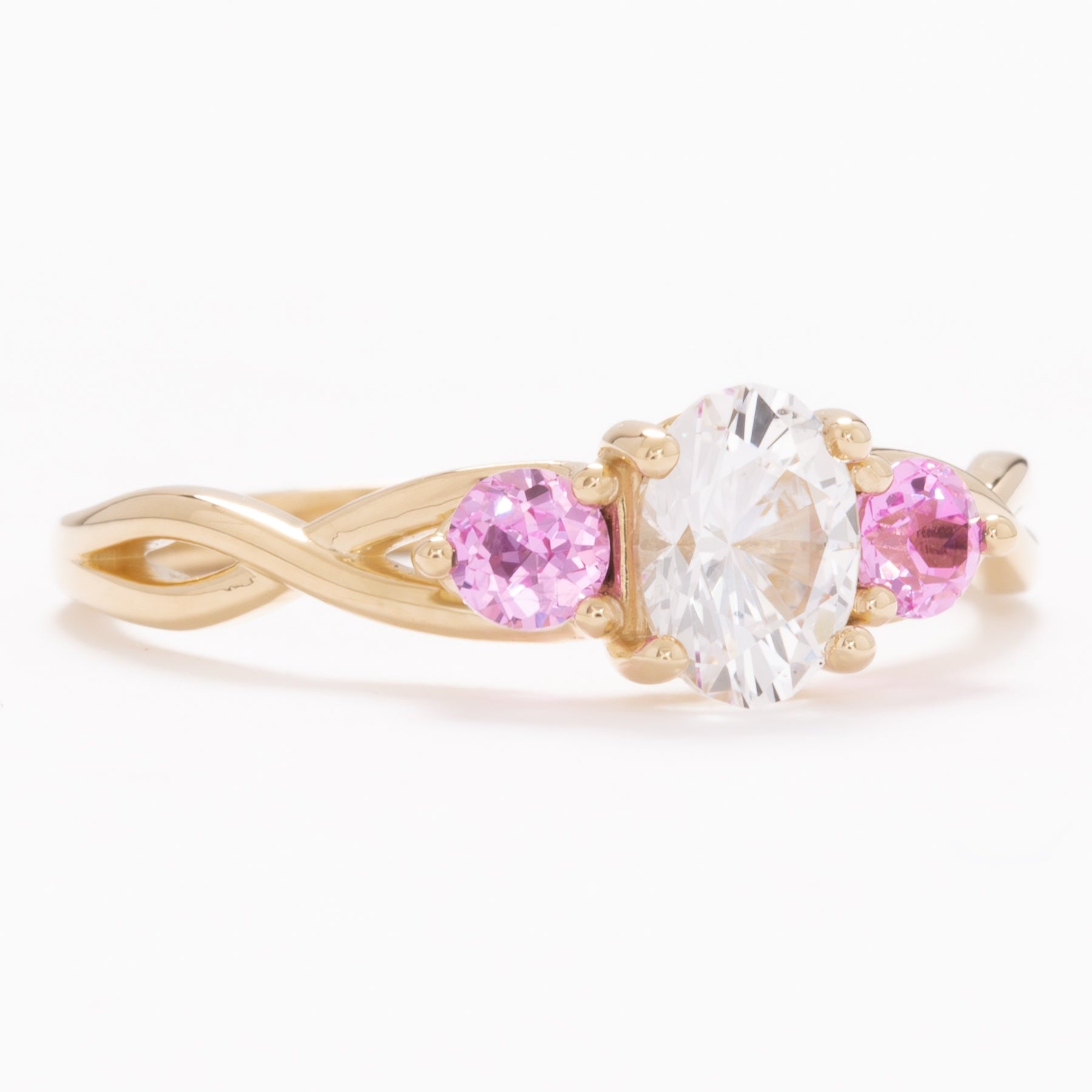 shasta three stone engagement ring with white and pink lab sapphire