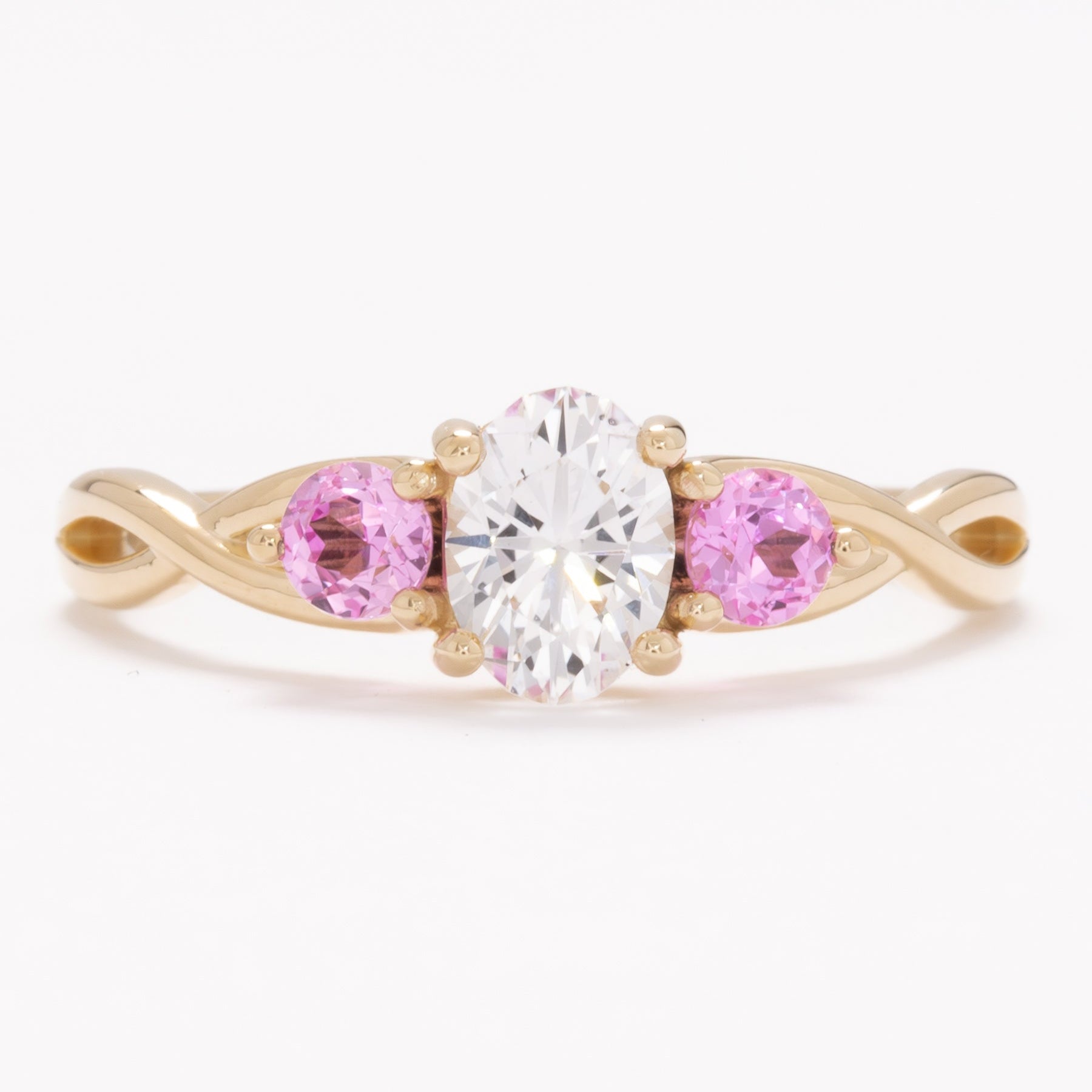 shasta three stone engagement ring with white and pink lab sapphire