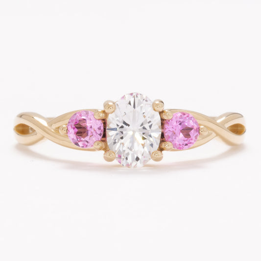 shasta three stone engagement ring with white and pink lab sapphire