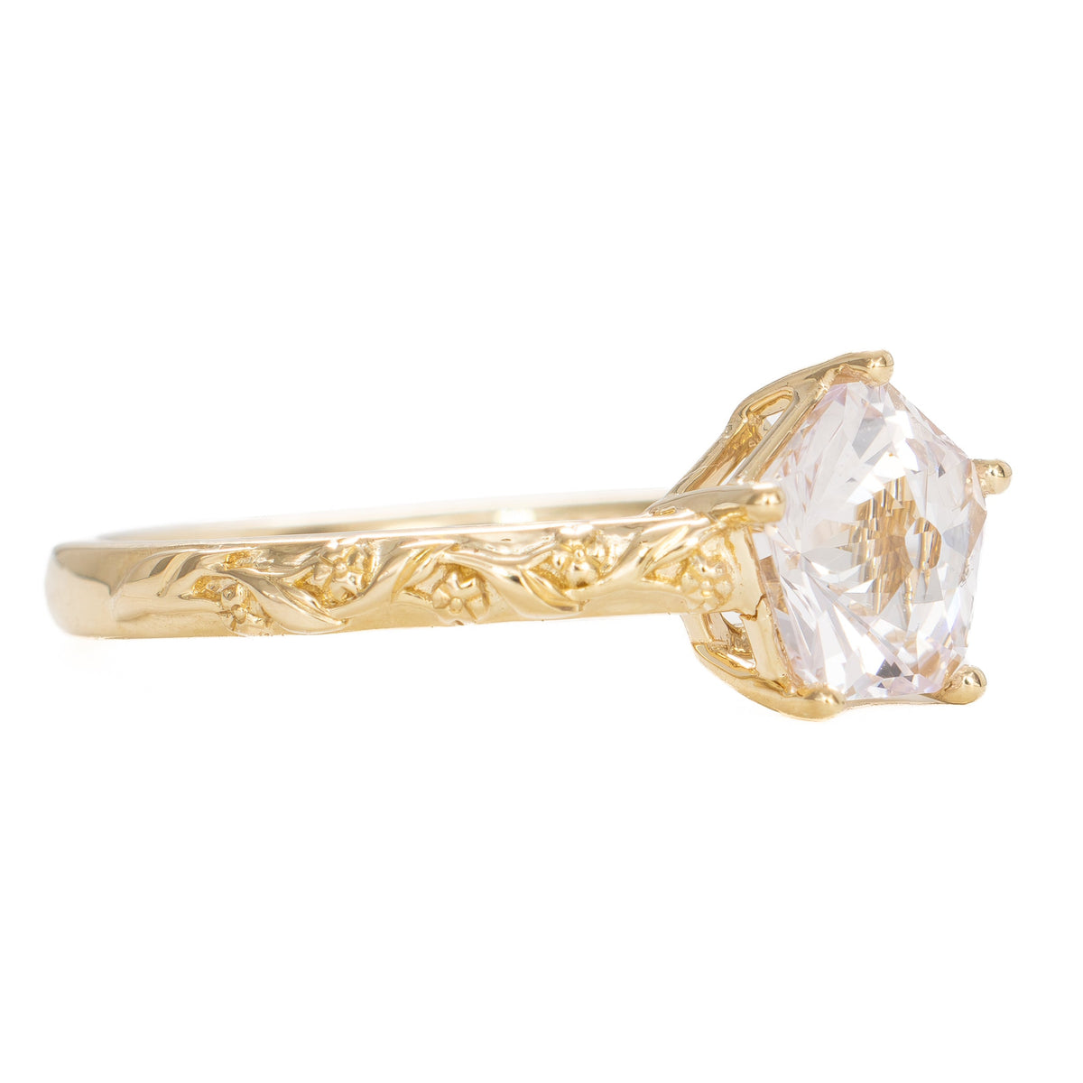 shelby nature inspired engagement ring in yellow gold with hanami flower white lab sapphire