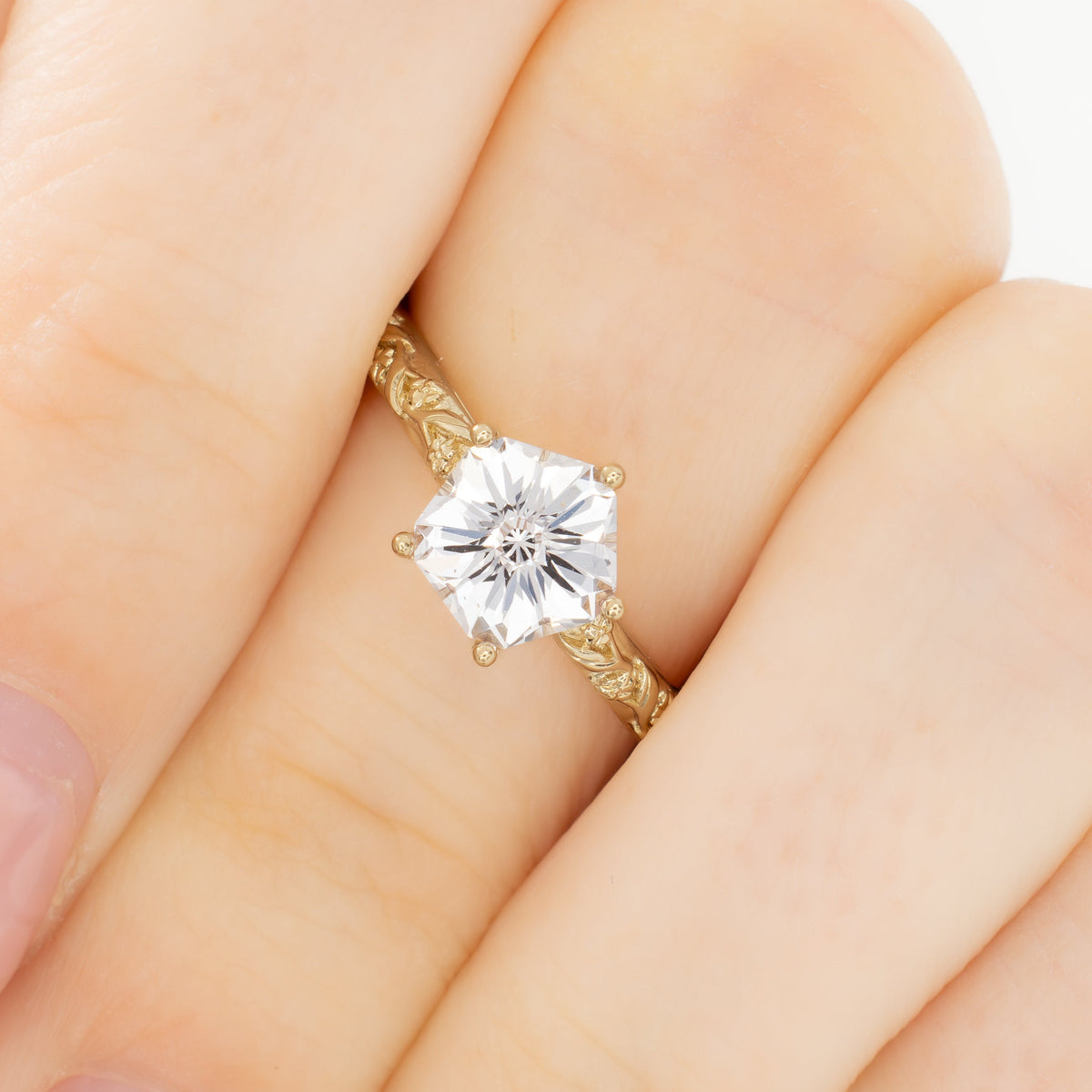 shelby nature inspired engagement ring in yellow gold with hanami flower white lab sapphire