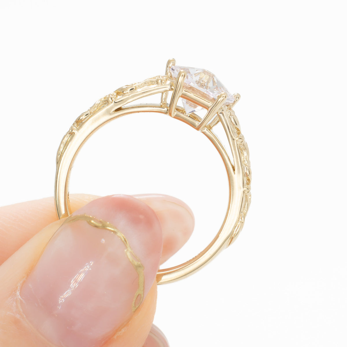 shelby nature inspired engagement ring in yellow gold with hanami flower white lab sapphire