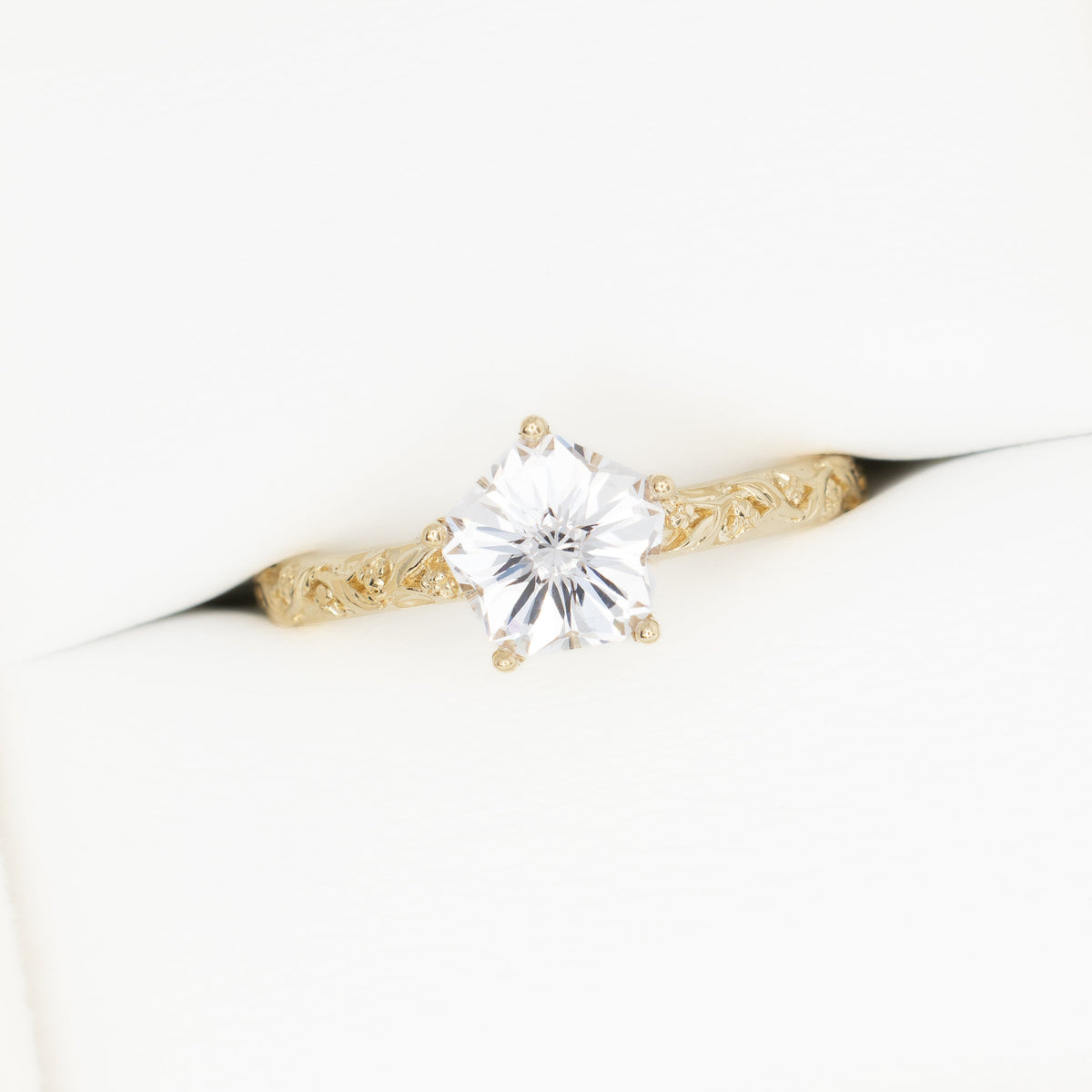 shelby nature inspired engagement ring in yellow gold with hanami flower white lab sapphire