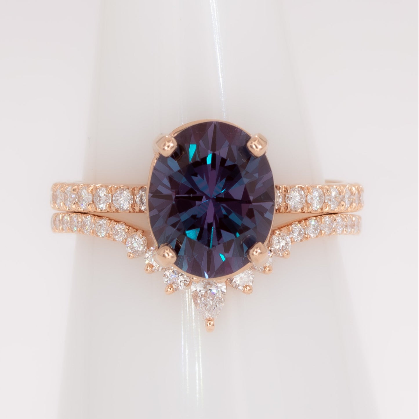sofia wedding set in rose gold with oval lab alexandrite