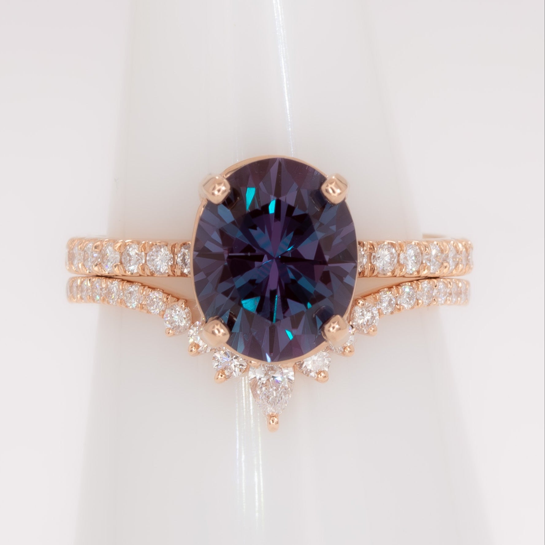 sofia wedding set in rose gold with oval lab alexandrite