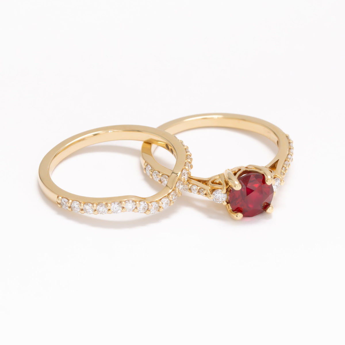 stacy accented wedding set in yellow gold with round lab ruby