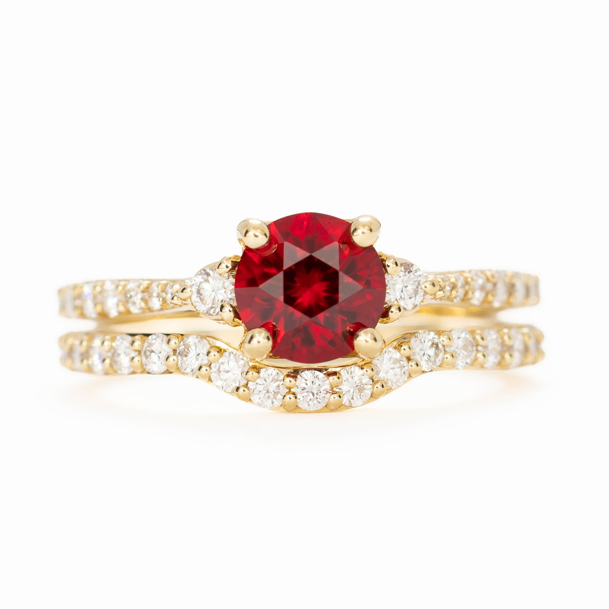 stacy accented wedding set in yellow gold with round lab ruby