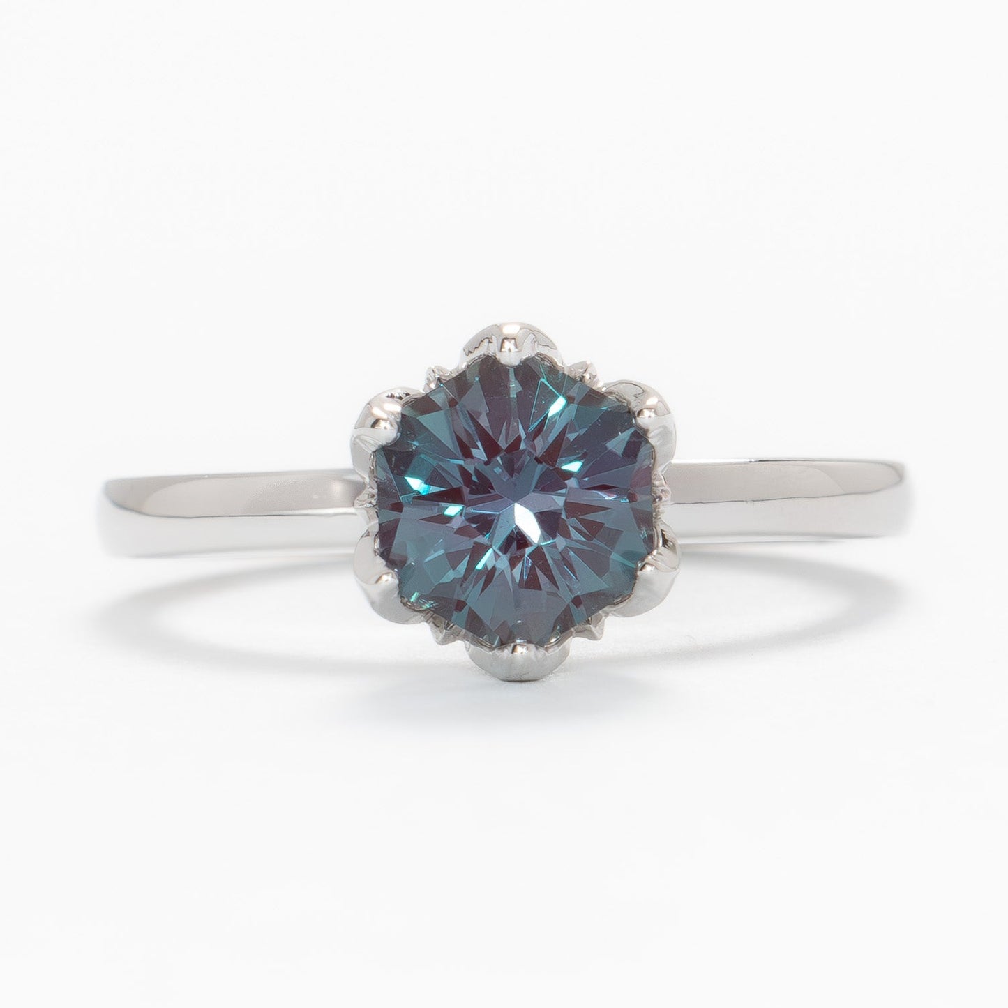 stasa solitaire engagement ring with tulip basket and hex lab alexandrite