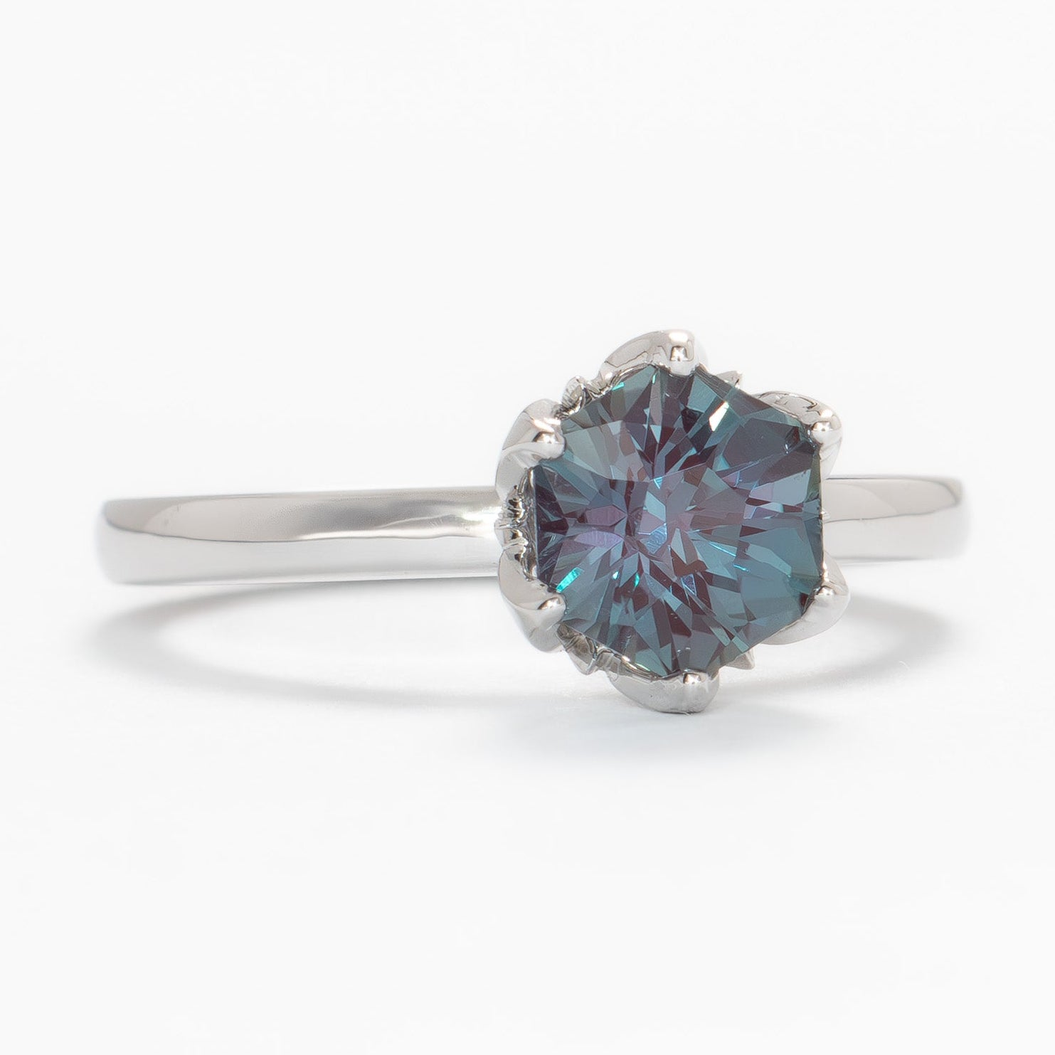 stasa solitaire engagement ring with tulip basket and hex lab alexandrite