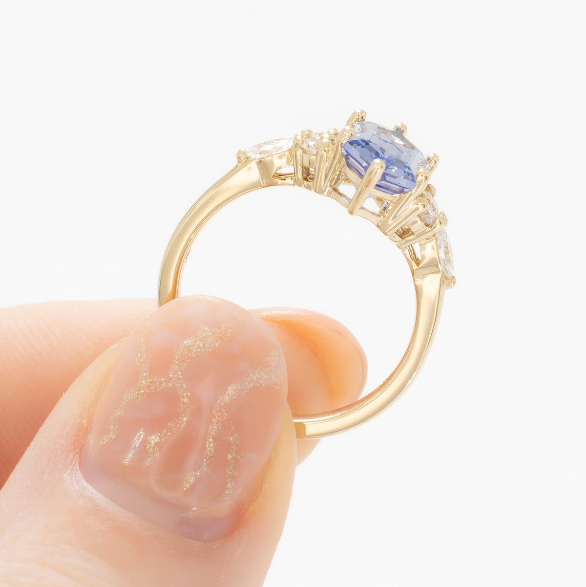 summer accented ring in yellow gold with light blue lab sapphire dutch marquise