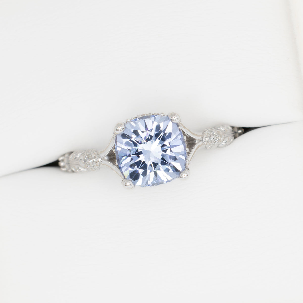 sylvie nature inspired ring in white gold with arctic blue lab sapphire nova cushion