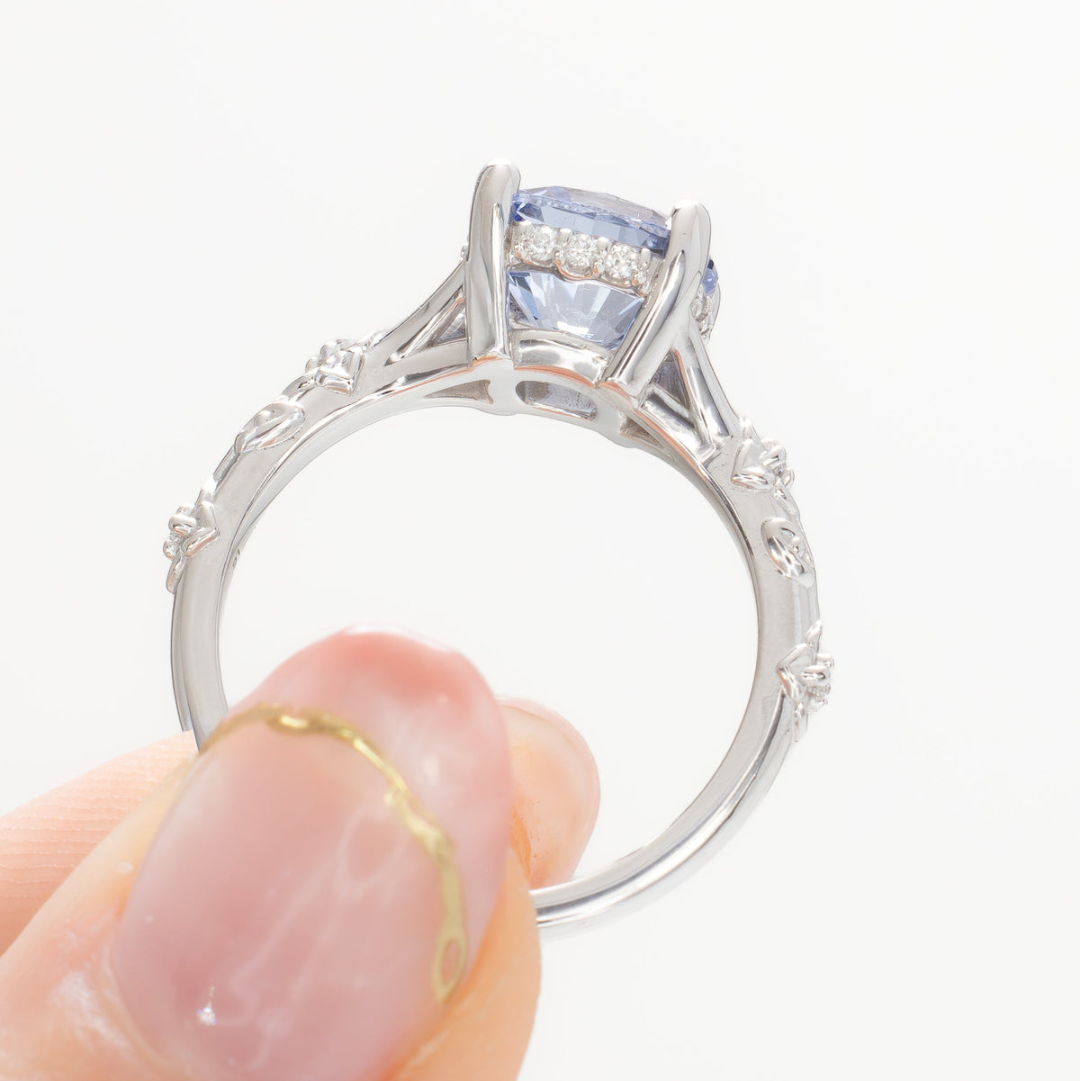 sylvie nature inspired ring in white gold with arctic blue lab sapphire nova cushion