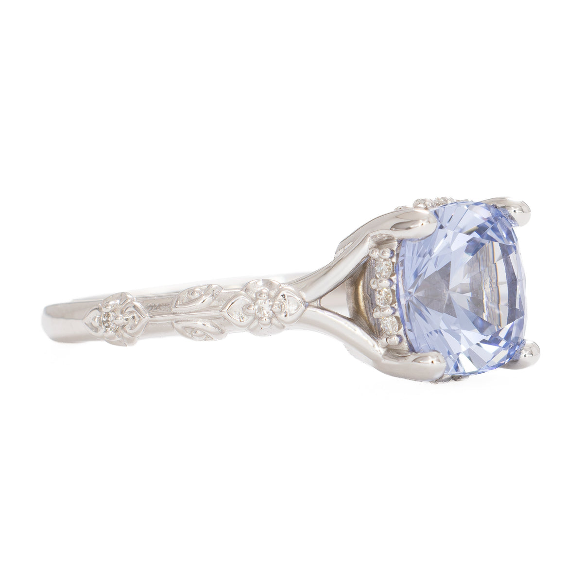 sylvie nature inspired ring in white gold with arctic blue lab sapphire nova cushion