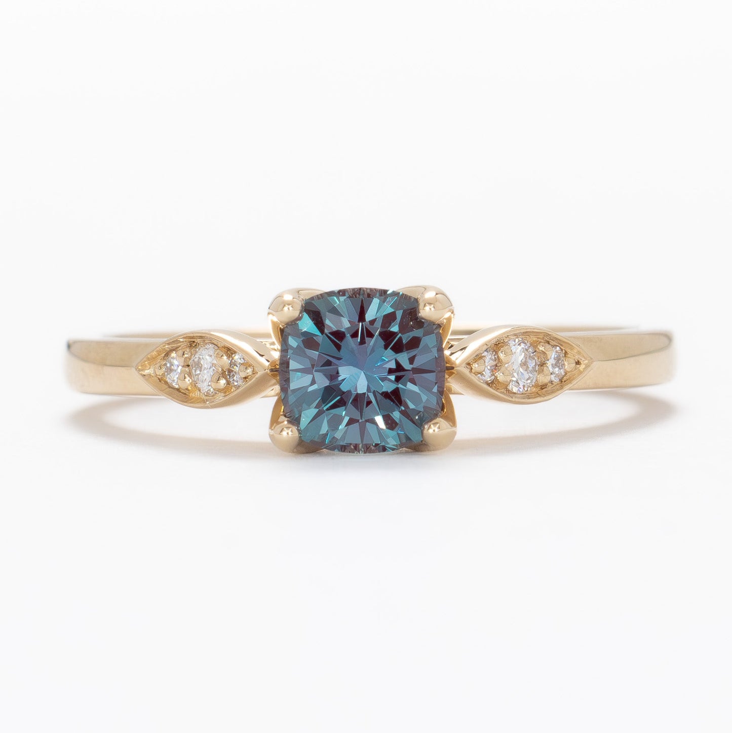 tabitha engagement ring with cushion lab alexandrite in yellow gold