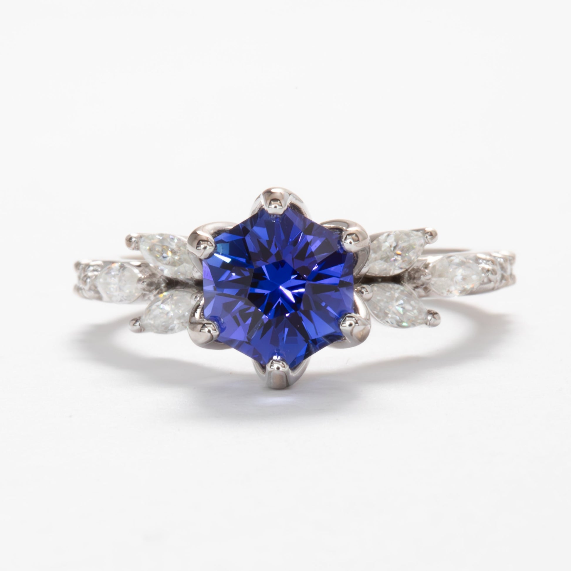 talia engagement rign with royal blue lab sapphire