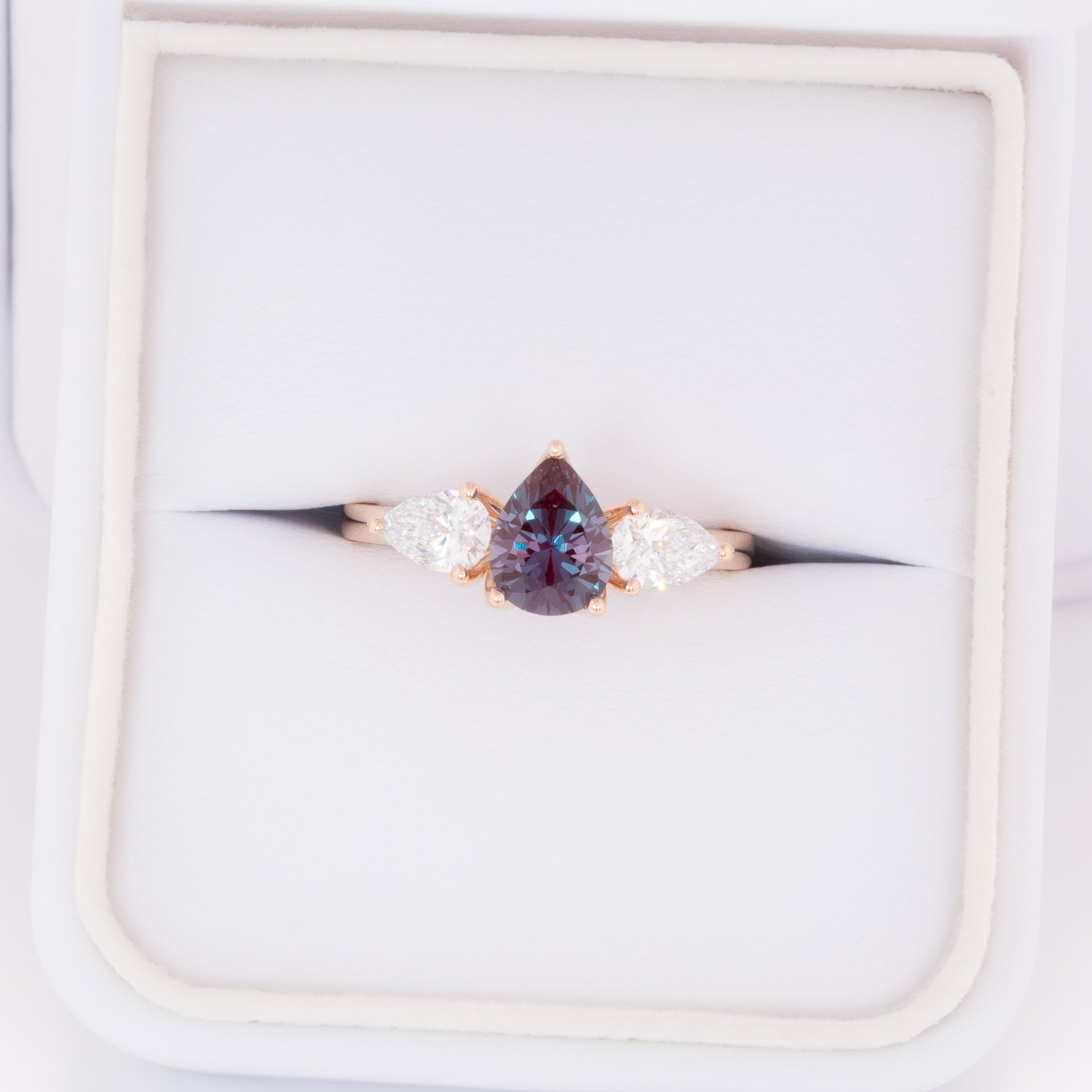 tawnee three stone ring with lab alexandrite pear