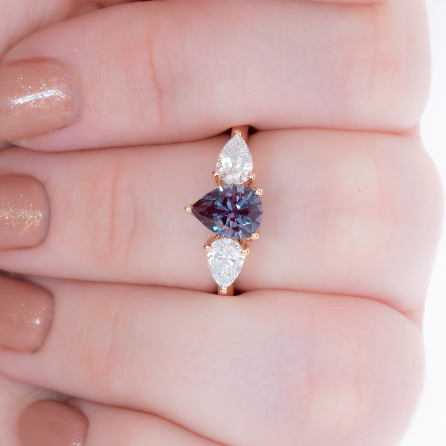 tawnee three stone ring with lab alexandrite pear