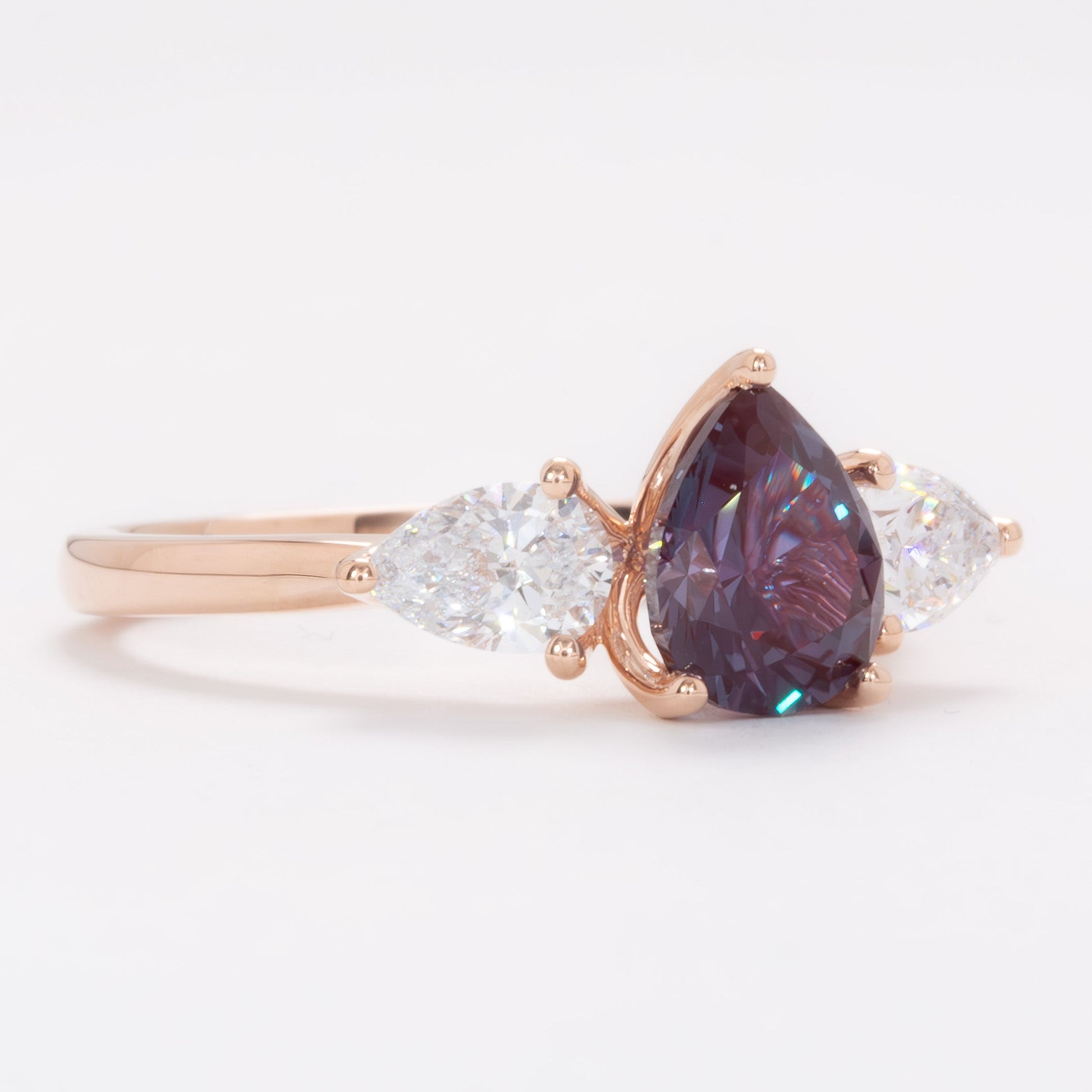 tawnee three stone ring with lab alexandrite pear